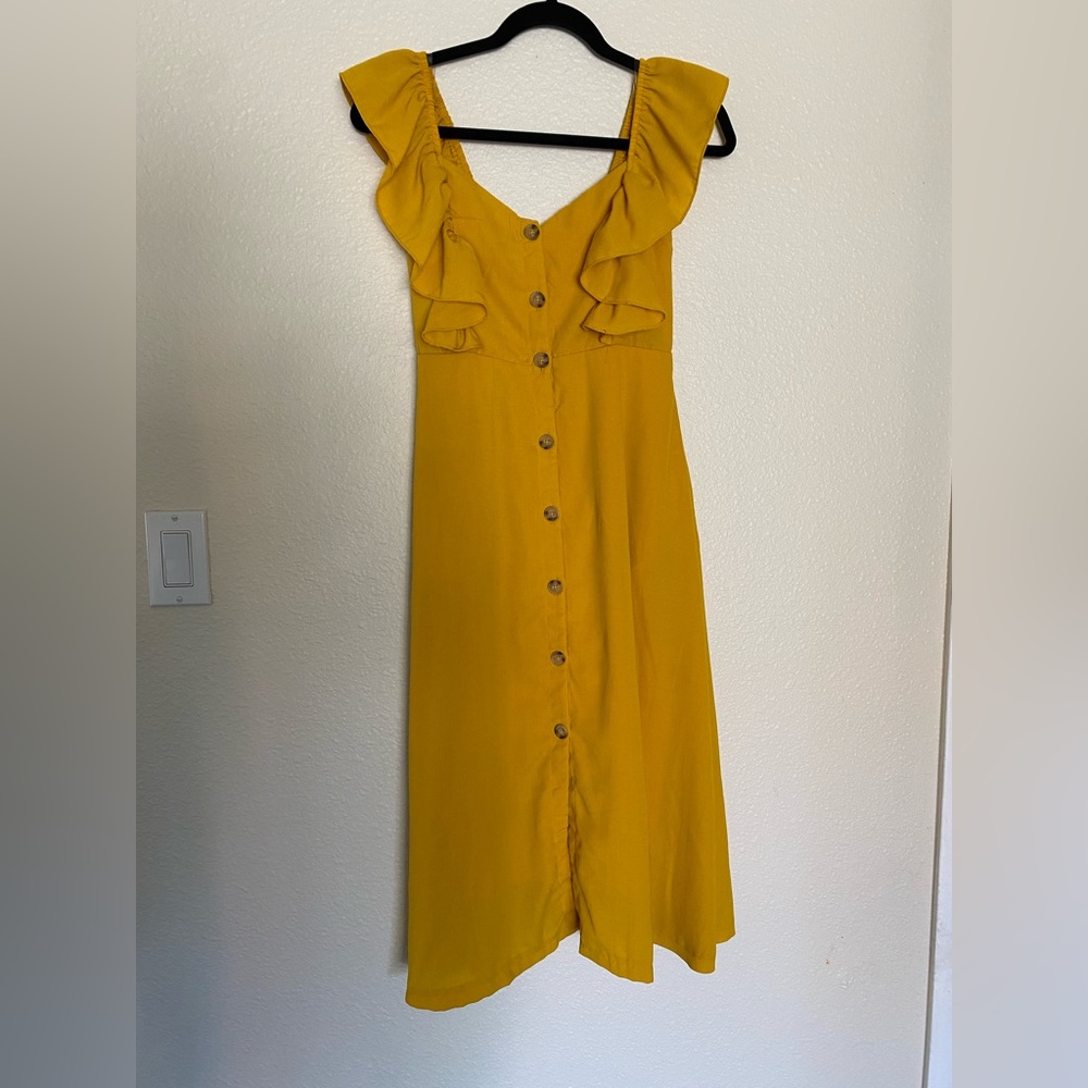 Women’s Mustard Yellow Button-Front Ruffle Midi Dress